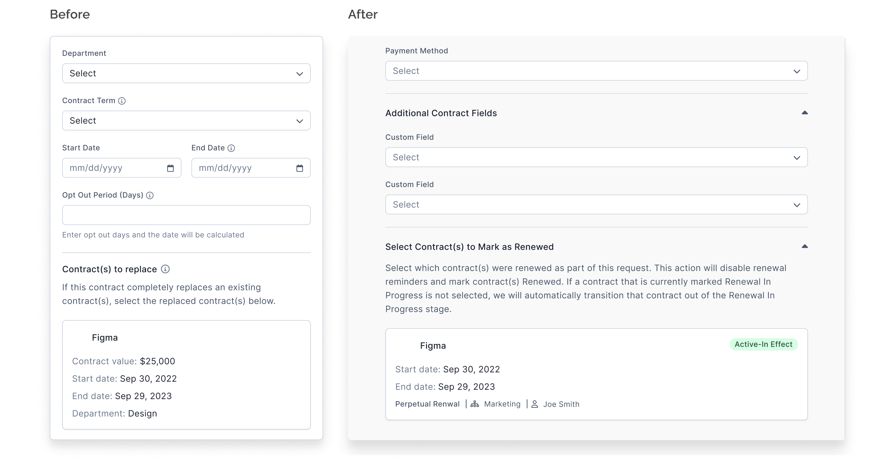 Screenshots showing form with and without custom fields